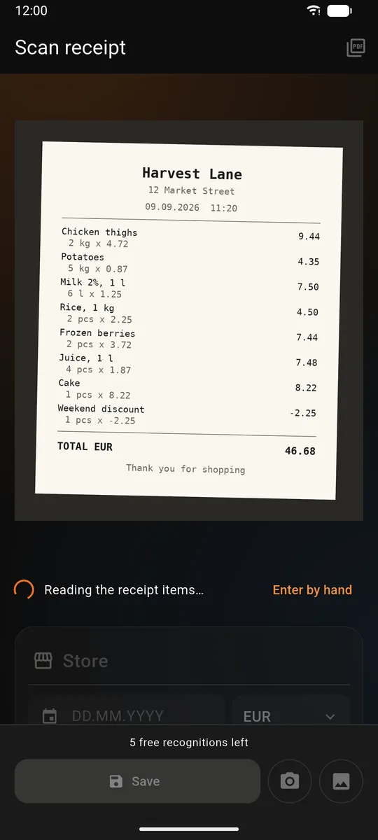 Traty camera screen aimed at a paper receipt, with the shutter ready
