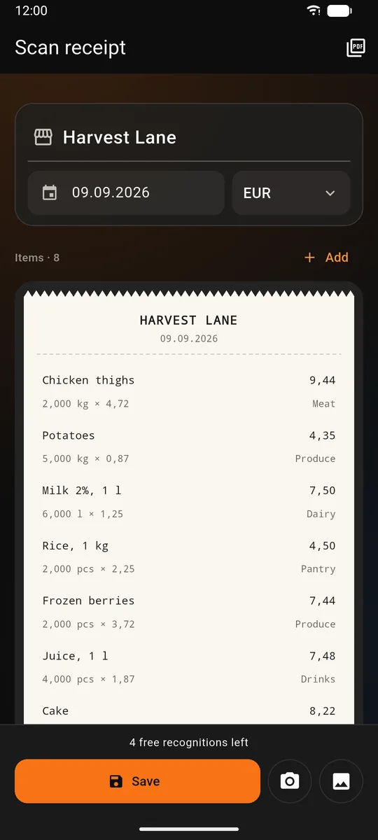 Receipt items recognised in Traty: each line with name, quantity, price and category