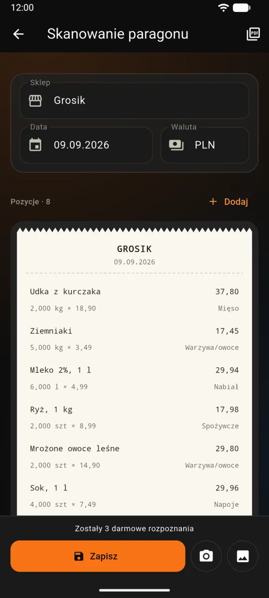 Rozpoznane pozycje paragonu w Traty: nazwa, ilość, cena i kategoria