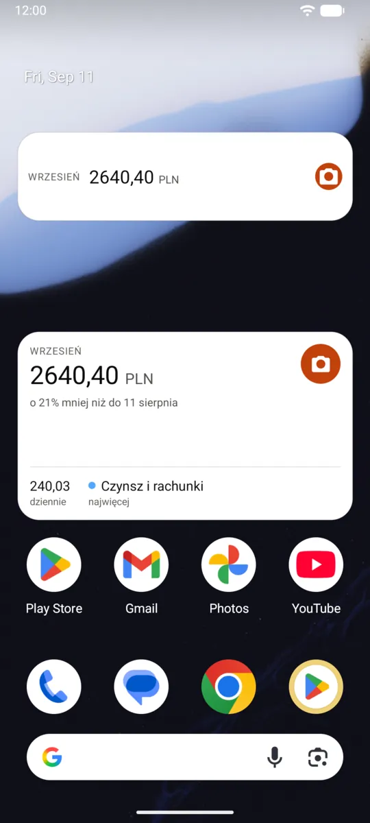 Widżet Traty na ekranie głównym Androida z sumą miesiąca